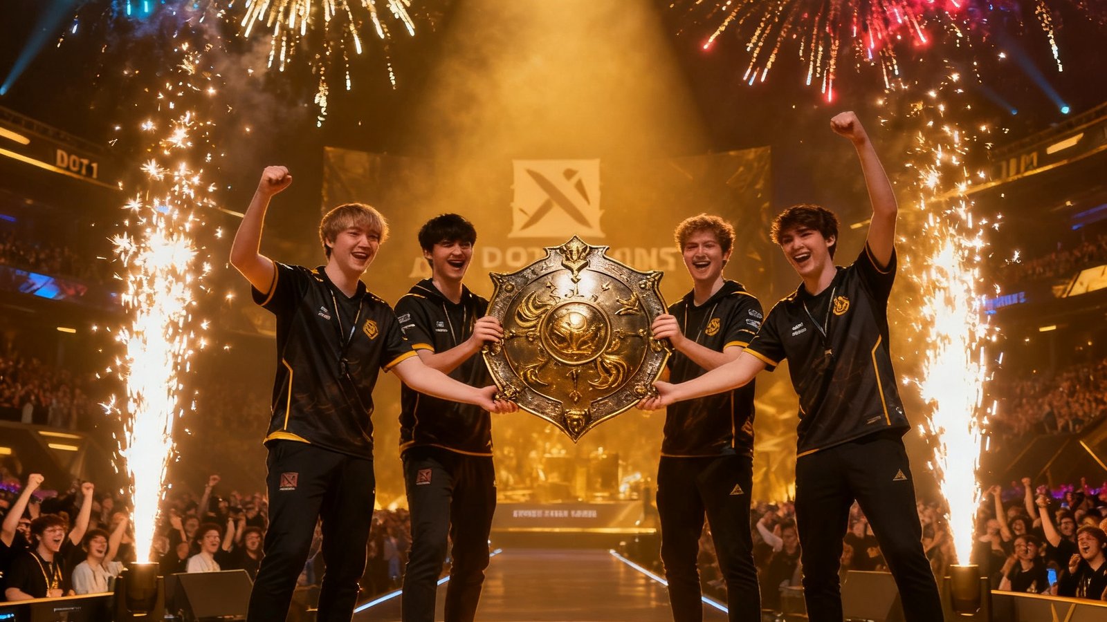 2021年DOTA2国际邀请赛总决赛现场，冠军战队五位选手在金色灯光下共同举起不朽盾，舞台焰火齐放