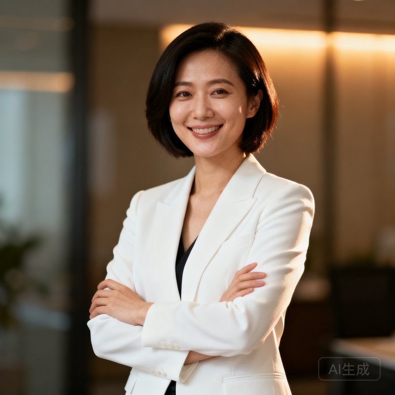完美世界电竞首席数据官林晓薇的肖像照，30岁女性，短发干练，身穿白色西装外套，双臂交叉面带微笑